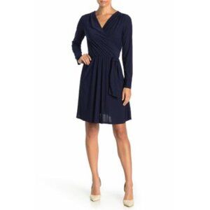 Neiman Marcus Navy Faux-Wrap Jersey Dress | Long Sleeve Side Tie | Large NWT